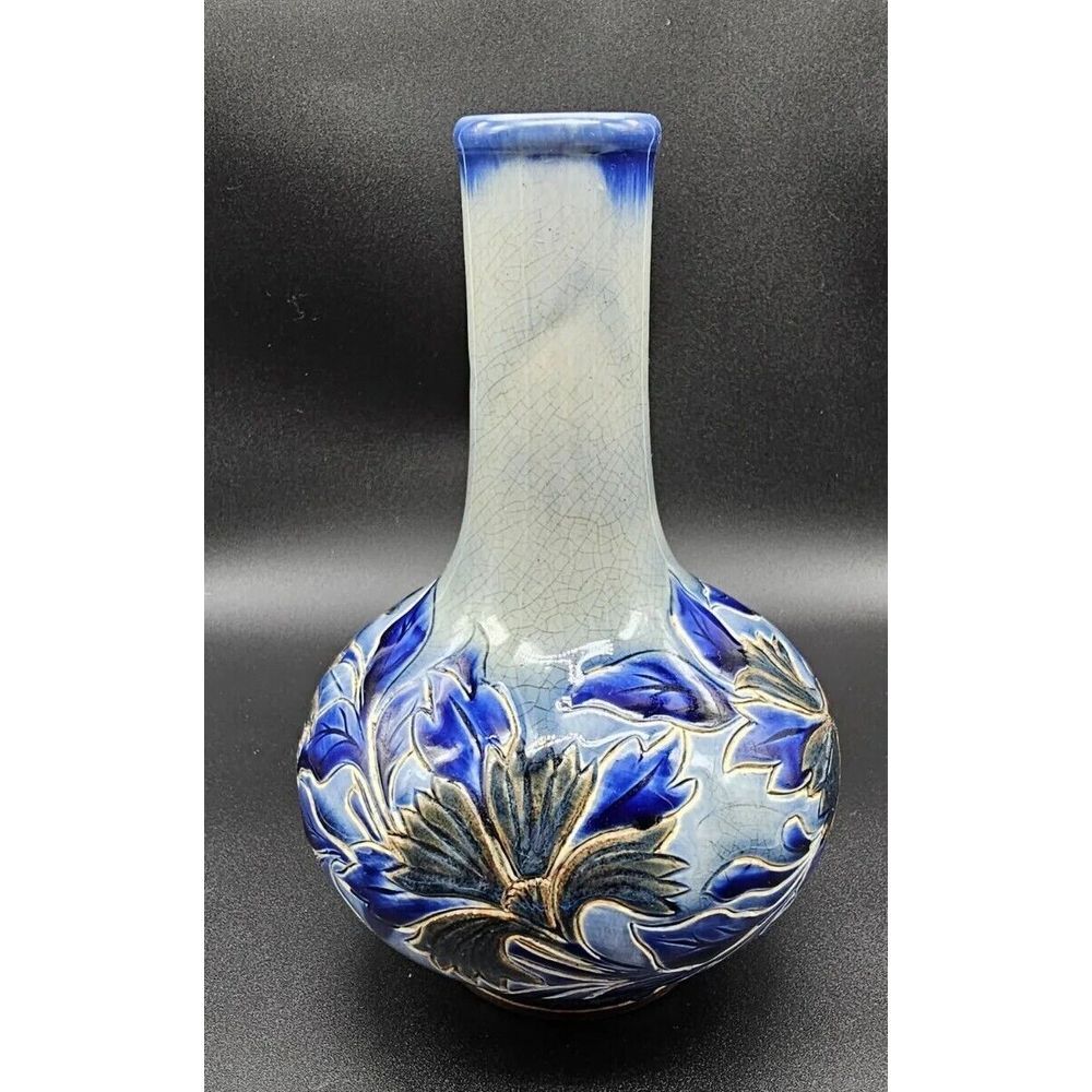 Antique Doulton Lambeth Vase 1881 Signed By Louise E Edwards Cobalt‎ Floral